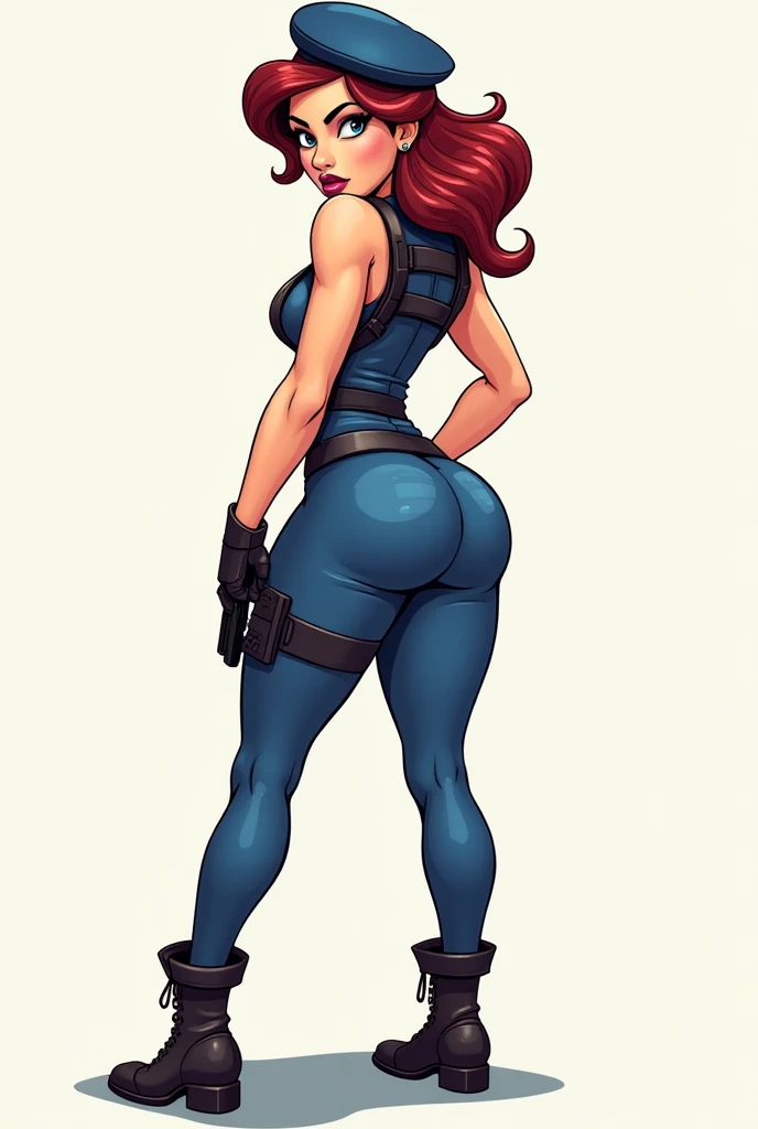 A full body, cartoon style image of Jill Valentine standing, looking back, with a big butt