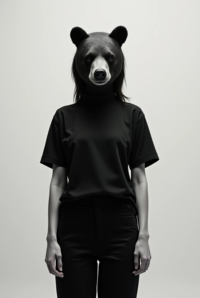 Beautiful girl wearing a bear head, wearing a black shirt, knee-length black pants, straight face, standing straight