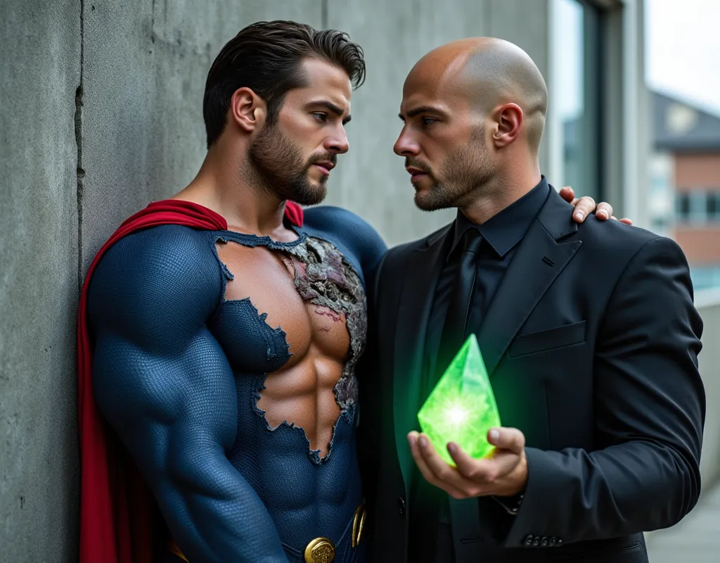 Portrait-style image featuring two men in a outdoor place. The man on the left is ericjanicki, blue coloured eyes, short brunette hair, wearing blue, form-fitting Superhero suit with a red cape, resembling Superman, his chest and left shoulder is tattered ...