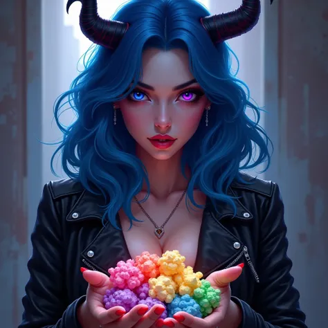 Beautiful grown woman , One eye blue One eye purple, blue hair,   dressed leather jacket, naughty, horns, holding rainbow coloured popcorn 