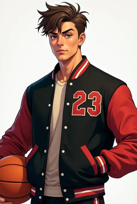 Men, 20 years old, college athlete, tall, strong, defined, light brown skin, brown hair, green eyes, sharp jaw, broad shoulders, wearing a black and red varsity jacket with the number 23, he holds a basketball, expressionless, hyper realistic