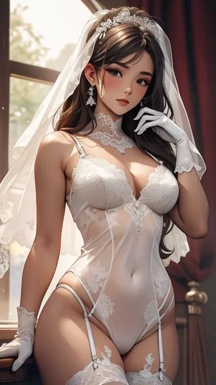 , sensor ,  Masterpiece,  best quality,  view from the top of the viewer ,  Masterpiece,  best quality, very beautiful,  very shy , sweat, SLIM SEXY WEDDING LINGERIE, White Lace Gloves