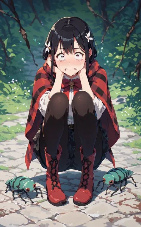 ( eats insects， disgusting face， crying， long boots， hopeless expression in the eyes， open your eyes wide ， is fiercely resisting， clothes for girls with holes in them who wear hellos，ゲロを履いている