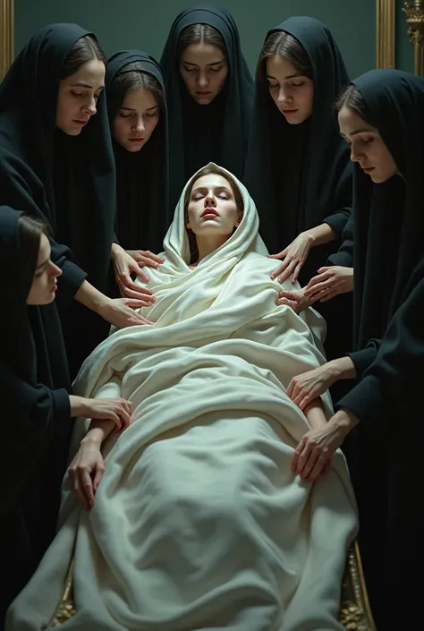 Creat hyper realistic image a died woman in shroud and woman gathering around he and crying 
