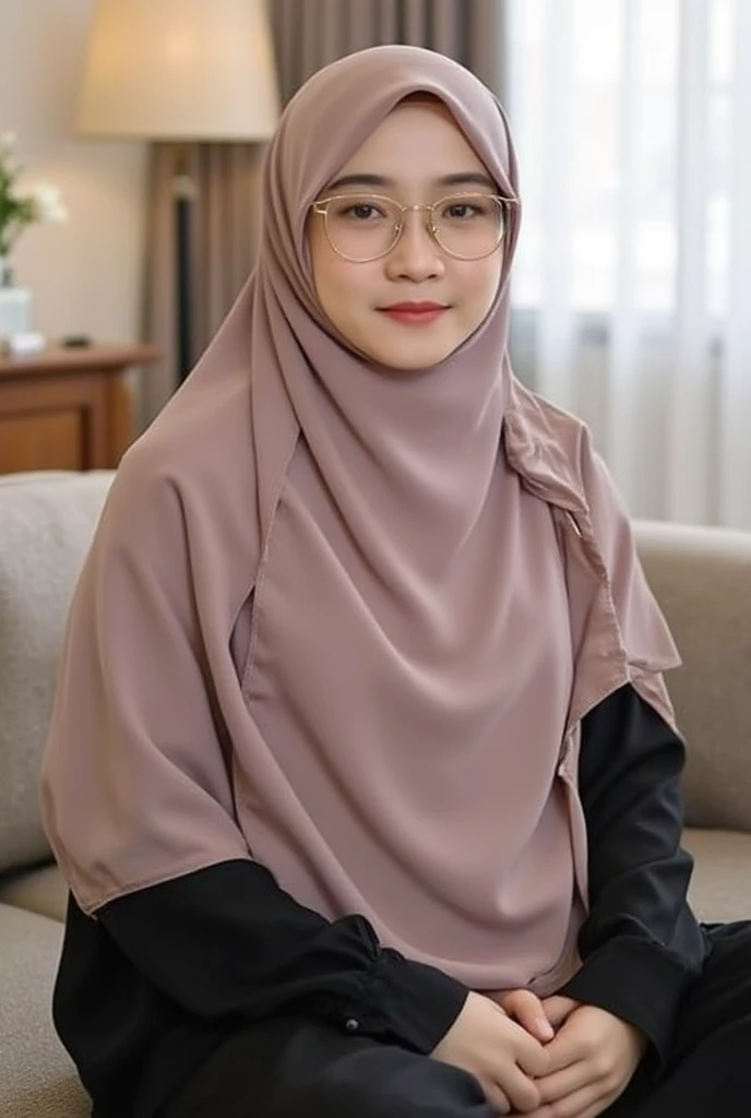 Indonesian woman, 40 years old, hijab(((full hijab, close hijab, big hijab))) big breast(((large breast))) , glasses, perfect body, open legs, laying in living room, spread legs, looking her pussy