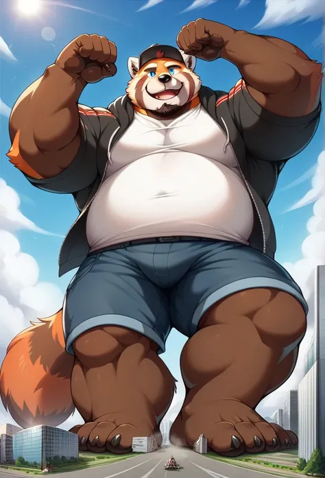 nj5furry, red panda seam, alone，pummelig, thick arms，Big and big belly, thick legs, Muscular arms, strong muscle ，Big man , Shorts，Plush ，chubby face， black eyebrows ， sky blue eyes ， lumberjack beard ， friendly smile ， runs in the street, in a city, on th...