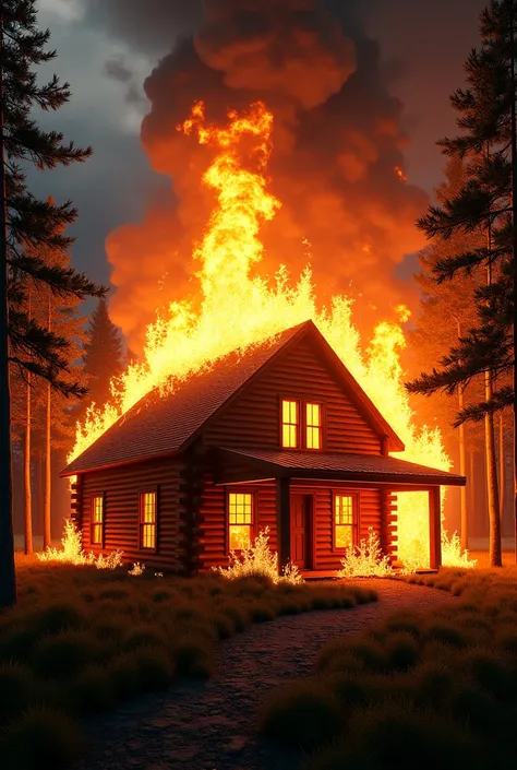 A picture of a large log cabin on fire 