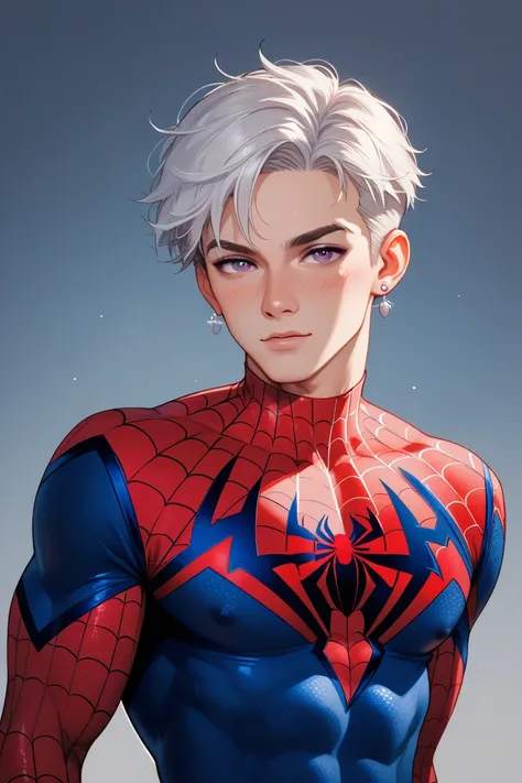  bluish white hair,  purple eyes , pale skin ,  Short Hair , male,  Spider-Man costume ,spider-shaped small earrings