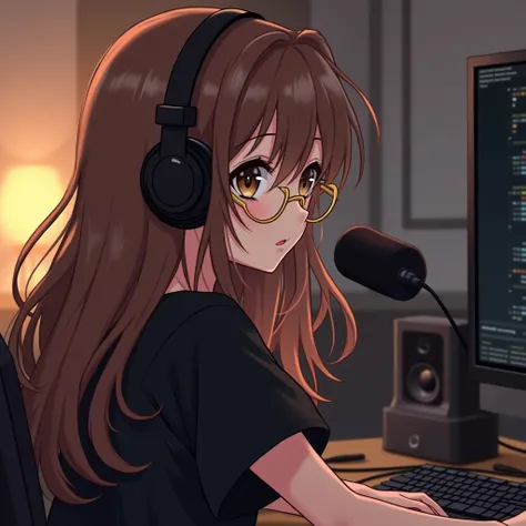 a girl with brown flowing long hair , with brown eyes,  in round gold-rimmed glasses sits in front of a computer and hosts an online podcast.  next to the microphone and camera . there is an active chat in the monitor .  warm lighting .  Anime style . The ...