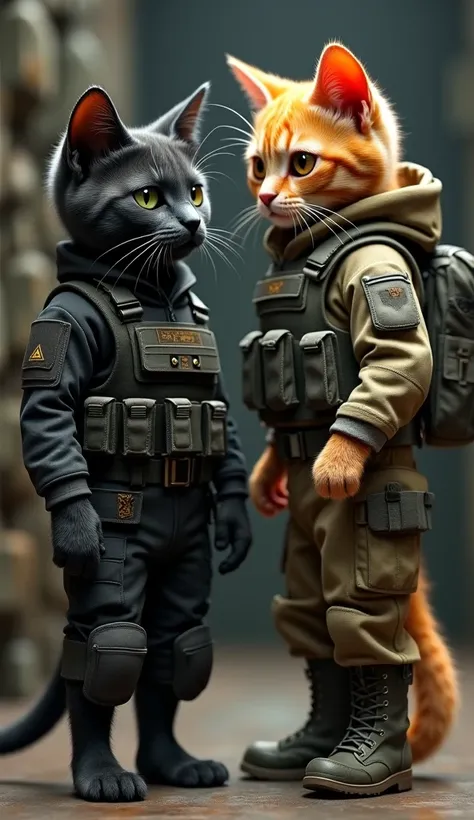 Scene 1: The main kitten is a small, sleek black cat with sharp green eyes, dressed in a fitted tactical military uniform, including a black jacket, cargo pants, boots, and a utility belt with pouches. His companion is a larger, muscular ginger tabby with ...