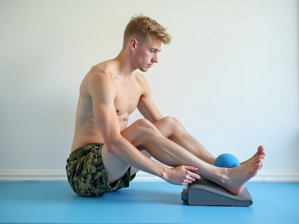 L’image montre un jeune homme de 18 ans blanc , blond , Mince ,  un membre des forces armées américaines, allongé sur un tapis de sol bleu clair. Il porte un boxer camouflage  il est torse  et pieds nus . Ses jambes sont légèrement relevées, la jambe droit...