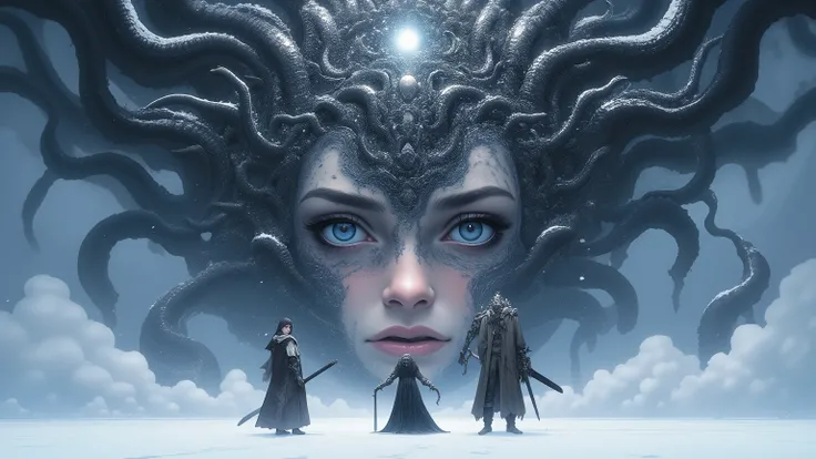 Masterpiece, Top Quality, Retina, Snowy Scenery, (3 people, a woman with a big sword, a man with a huge gun, a panda beastman wearing futuristic heavy armor, white breath, tattered armor and cloak and robe, the three are standing side by side), Do not be a...