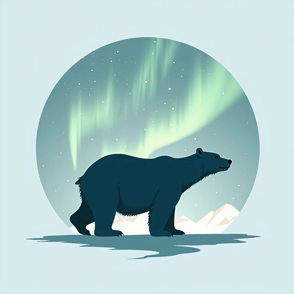 Design a logo featuring a silhouette of a polar bear walking across an icy landscape, with the northern lights glowing in the background.
Use soft gradients of green, purple, and blue for the lights to create a mystical, drifting atmosphere.
The polar bear...