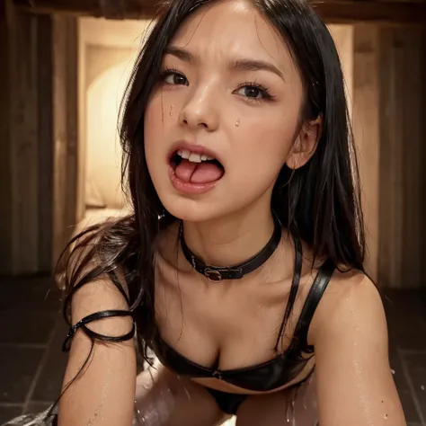  The pretty woman in the dark dungeon kneels ,  wearing underwear that is damaged and soaked , lookin,  open mouth ,  Stick out your tongue vigorously , ， also has a beautiful black leather collar and a thin black leather collar  , 8k HD face , Wet, Sweati...