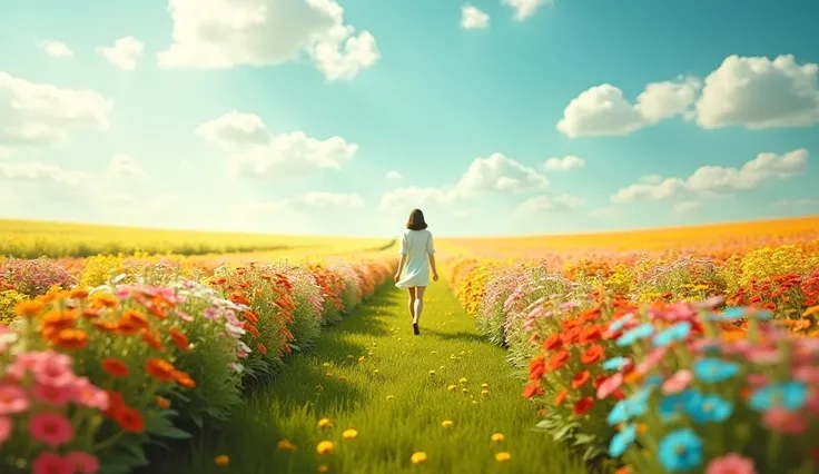 The person now walks through a vibrant field, surrounded by blooming flowers, symbolizing new beginnings and a life filled with faith.