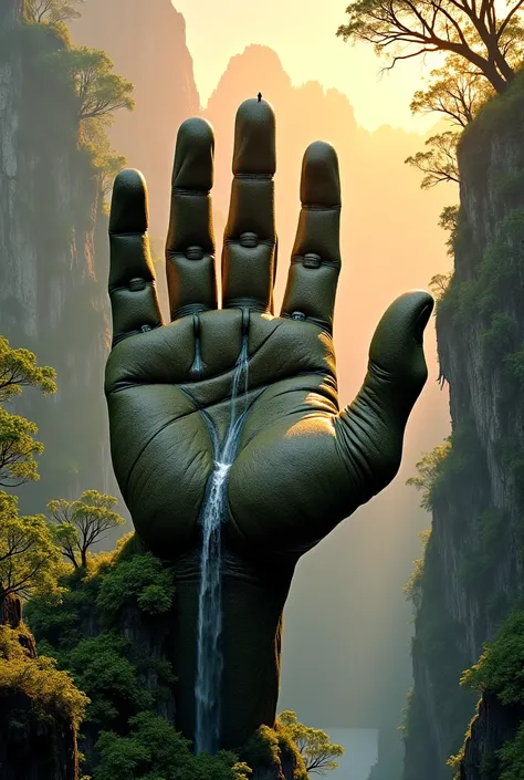 "The colossal open hand emerges from the majestic landscape, its skin formed by ancient rocks covered in moss and intertwined roots. The texture of the hand combines the solidity of the mountain with the softness of the forest, while small waterfalls flow ...