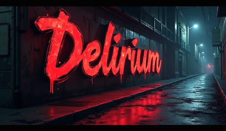 Red and black ink illustration of the words: "BY DELIRIUM VFX", graffiti style on a wall on a gloomy night street. Super resolution, super quality, volumetric lights, three-dimensional shadows.
