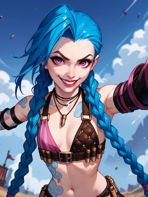 League of Legends, Jinx, very long blue hair, twin braids, battlefield background, high detail, masterpiece.