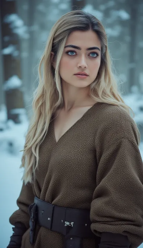 a fierce viking warrior woman with striking blue eyes and platinum blonde hair, standing in a Scandinavian winter forest, ultra detailed 8k highly realistic photo, dramatic lighting, cinematic composition, epic fantasy scene, big breast, cleavage