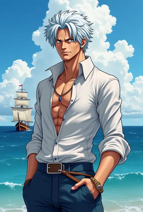 Peut tu me faire une image format portrait inspiré de one piece d'un personnage masculin matelot de la marine avec des ailes blanches dans le dos et des cheveux blancs et avec des ciseaux au niveau des mains avec un fond d'océan et de bateau 