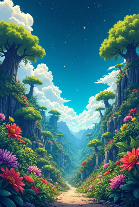 imagine prompt: Viral anime nature wallpaper in 4K quality, in the style of illustration inspired by Akira Toriyama, featuring a fantastical jungle with oversized plants, vibrant flowers, and exotic animals; bright and playful color temperature, cosmos lig...