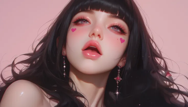 Hair covers my bare chest、 Open your mouth loosely  、、depression、20 years old、woman、 black hair 、 red cheeks 、 pink lips、 long straight hair、Bob、hime cut、 upper body、  Look up at the viewers 、 simple background、