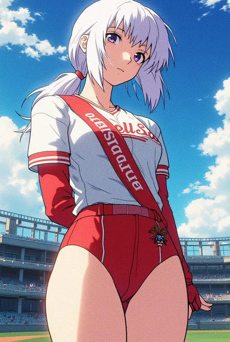 HD、Animation style、white hair 、Purple Eyes、girl、High school student 、single ponytail、Baseball player、Light color short sleeve top、Long sleeve red underwear、plump breasts、Good shape、Thin、sash、Sky、cloud、sunny、Baseball field