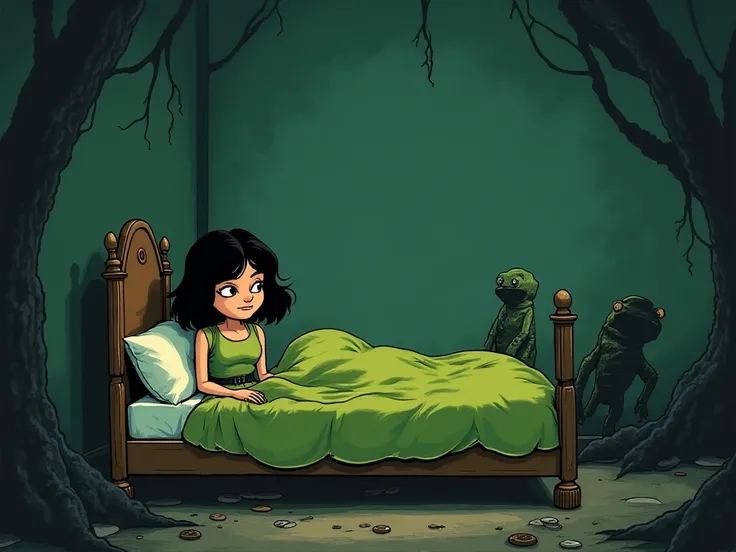 Green dress dark hair girl on a bed with small green frog knight protecting her from evil dark monsters and creatures the evil dark monsters are coming from under the bed that the girl in on . Old Storybook cartoon art style but very dark and gloomy