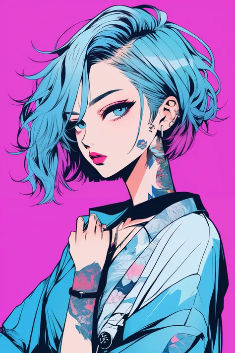  illustrator ,  Japanese comics ,  realistic , sketch , , ,lips,  beautiful face, raunchy office outfit ,  Irezumi tattoo ,Order ,  light blue gradient background, Neon hair ,Texture Trim, (masterpiece, top quality)