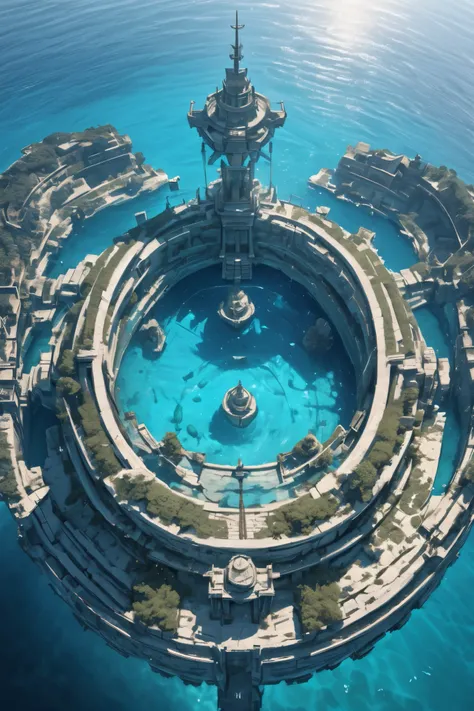  MASSIVE aquatic platform in the middle of the ocean (((in ancient style))) , stone and azure structures, (( above water)), small structures, best quality