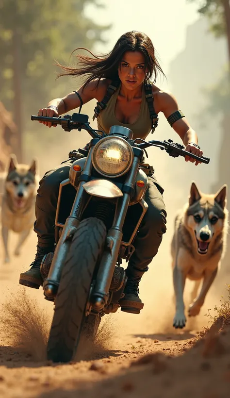 Lara croft on a motorbike shooting at two dogs