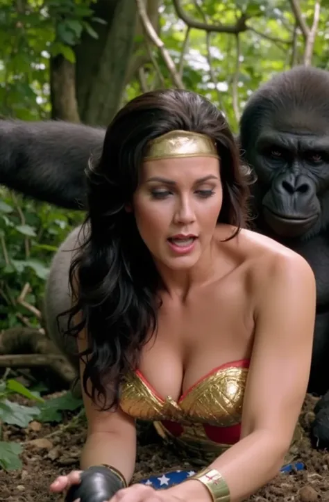 Gorilla and Wonder woman doggy style sex in the jungle, gorilla hold hand and squeeze breast wonder woman. Make realistic , 8K, ultra HD. Detail . 