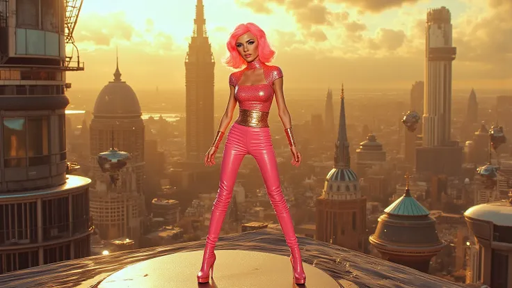 A cinematic full body retro50s_style A high-angle shot of a strikingly beautiful skinny slim woman with a fierce and independent spirit. Bright neon pink hair in retro 50s style, She's wearing a tight, skintight Pink Golden latex jumpsuit with futuristic a...