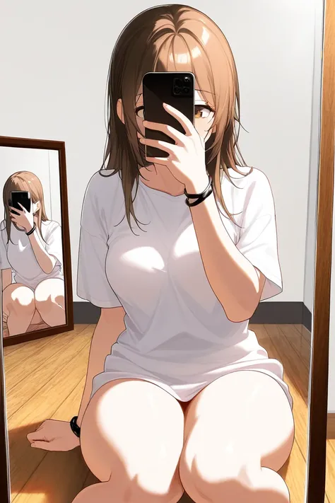 Women,  mirror photo, Mobile phone covering my face ,  straight brown hair,  Long white t-shirt ,  on my knees on the floor, wooden floor,  white walls , side light,  medium breasts,  big thighs, Stinky white , black bracelet