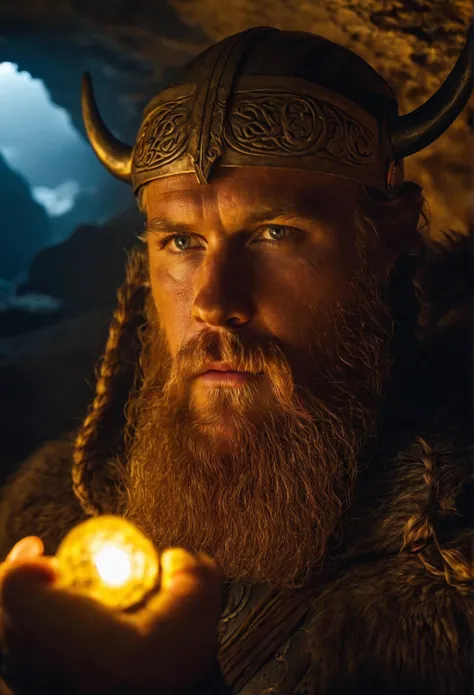  Viking close-up,  earplug in the cave,  standing in front of a mysterious artifact, which emits a faint glow