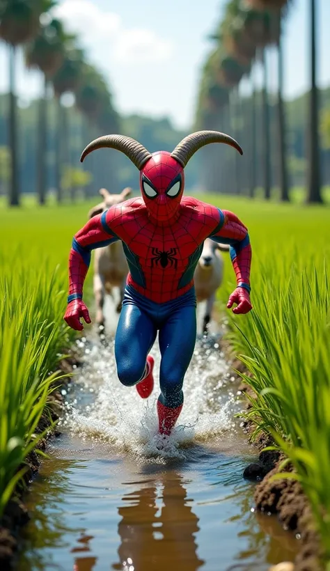 "A unique hybrid character dashes through a narrow water channel in a lush green rice field, with a determined expression. This character is a fusion of Spider-Man and a goat, featuring Spider-Man’s iconic red and blue suit with web patterns, but with goat...