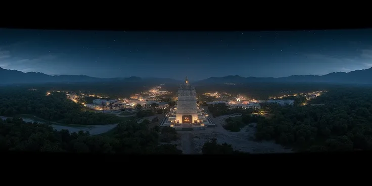 Mayan city,  Starry Night , panoramic aerial photo,  dark and professional photo, cinema quality