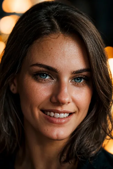 a closeup dark upper body shot photo of a blonde with perfect eyes, smile, dark background