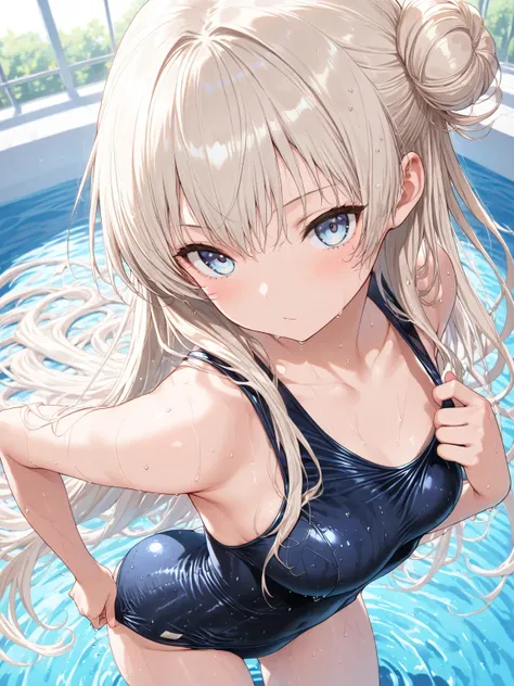 ((masterpiece, best quality, ultra-detailed character)), 1girl, platinum blonde hair, very long hair, single side bun, light blue eyes, school swimsuit, wet, adjusting swimsuit, perfect composition