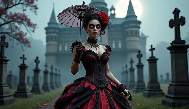 "Victorian Gothic busty female Spider-Man, wearing an elegant black and crimson Victorian gown with intricate spider web lace patterns, a high collar, and a corset. Her mask is delicate, resembling a masquerade mask with subtle glowing eyes. She holds a pa...