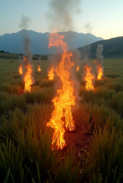 A Bolivian field with several brown flames eating grass 