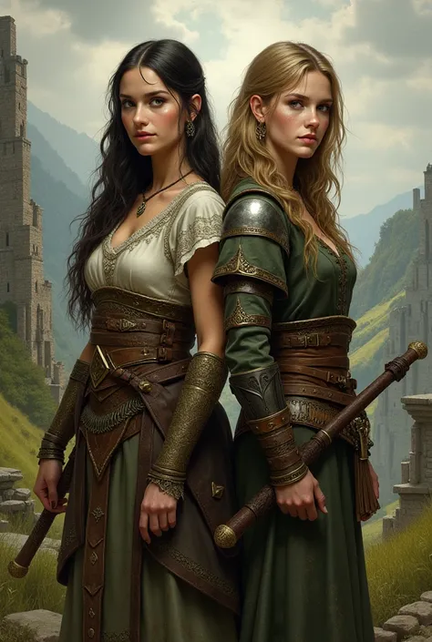  style Draw me a girl with green eyes,  in full height are standing next to each other, in the style of baldurs gate 