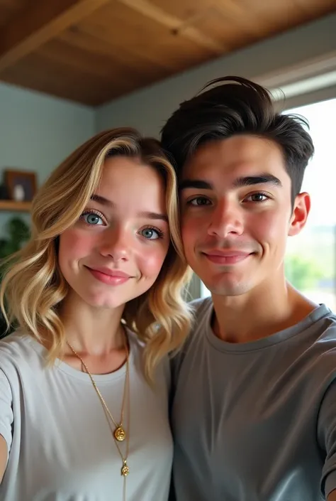 Realistic teenage blonde girl selfie with her adult brother 