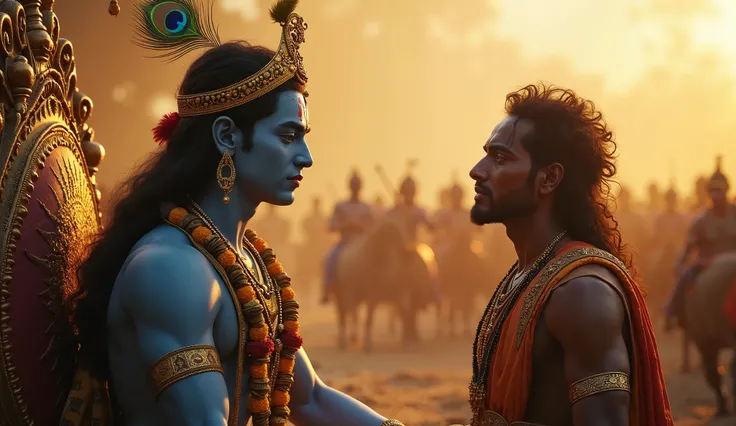 "Create a cinematic scene of Lord Krishna imparting the Bhagavad Gita to Arjuna, set against the backdrop of the battlefield. Krishna should be depicted in his divine blue form, sitting on a peacock feathered throne, with his serene expression conveying wi...