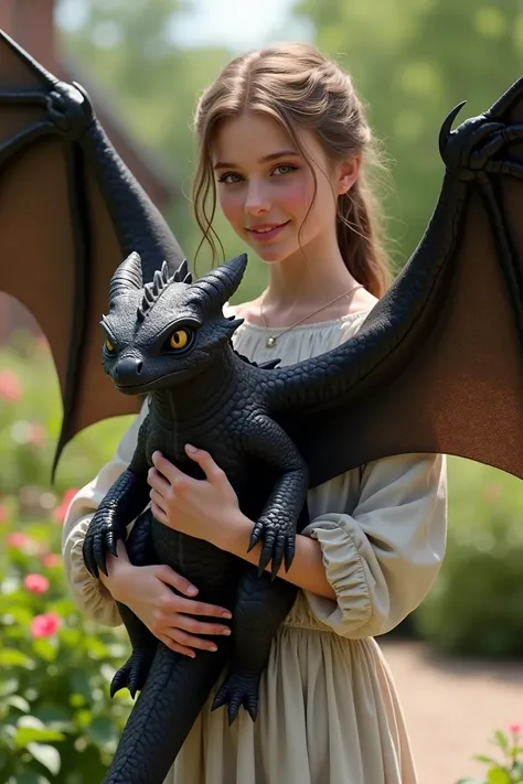 A 20-year-old Slavic girl with light brown hair holding a large baby black dragon in hyper-realistic style. The dragon, size of a large dog, has impressive, anatomically correct black wings with detailed membrane texture and scales. Though still a hatchlin...