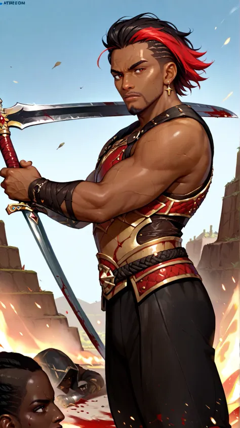 Create a dark-skinned African black man, With short black dread hair with red highlights, with goatee,  with blood red eyes ,  bronze armor with gold and diamond details black stones in, fighting with swords on a battlefield 