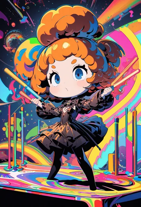 ultra detailed, absolutely resolution, masterpiece. 
cute chibi girl, orange afro hair, round eyebrows, droopy eyes, rabbit lips, gothic dress, dancing with glow sticks in both hands. 
background on a study desk. 
fusion of pop art and psychedelic art, var...