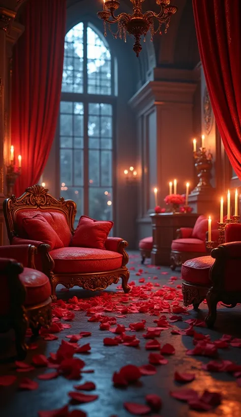 a romantic room, candles, rose petals, soft red lighting, elegant furniture, high ceilings, large windows, moonlight outside, (best quality,4k,8k,highres,masterpiece:1.2),ultra-detailed,(realistic,photorealistic,photo-realistic:1.37),intricate details,chia...