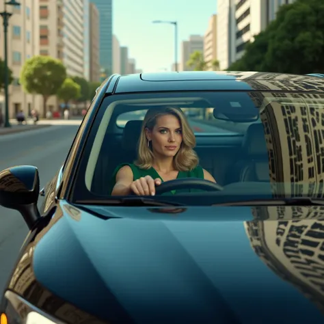 Create a hyper-realistic image of a woman driving a sleek black BYD Song Plus through the bustling streets of São Paulo. The scene captures her composed demeanor and the car's modern design in a vibrant, urban setting."

Visual Features:

1. The Woman Insi...