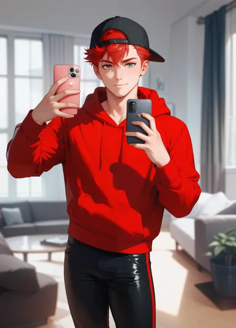 LiaqN,Red haired man,Handsome,Wearing a red hoodie Reverse cap black skinny pants.Taking a selfie